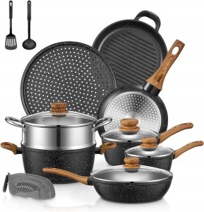 Zestaw garnków i patelni z pokrywkami 15 szt aluminiowe FOHERE (Outlet)
